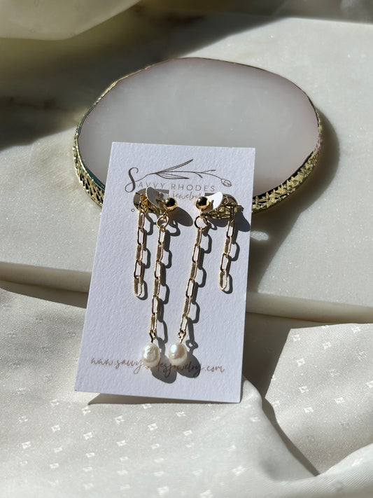 Paper clip Pearl Layered Earrings